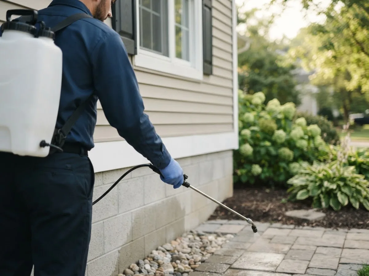 Pest control technician inspecting a home in Carson, VA